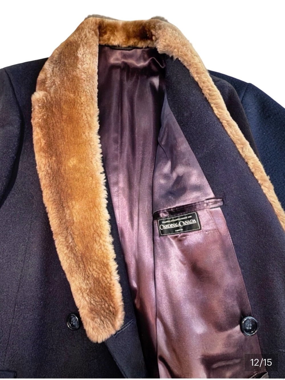 Cardinal Canada Men's Double-Breasted Wool Overcoat | Fur Collar | Navy | 40R - Picture 9 of 13